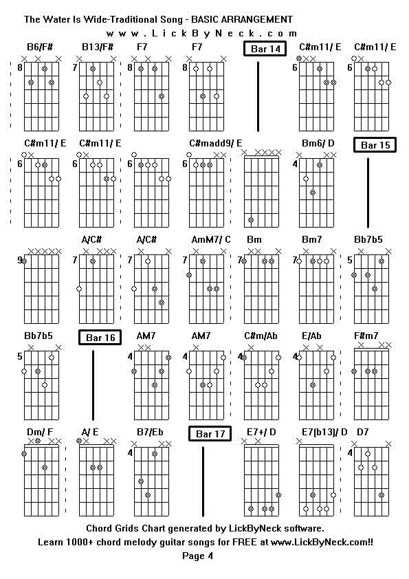 Chord Grids Chart of chord melody fingerstyle guitar song-The Water Is Wide-Traditional Song - BASIC ARRANGEMENT,generated by LickByNeck software.